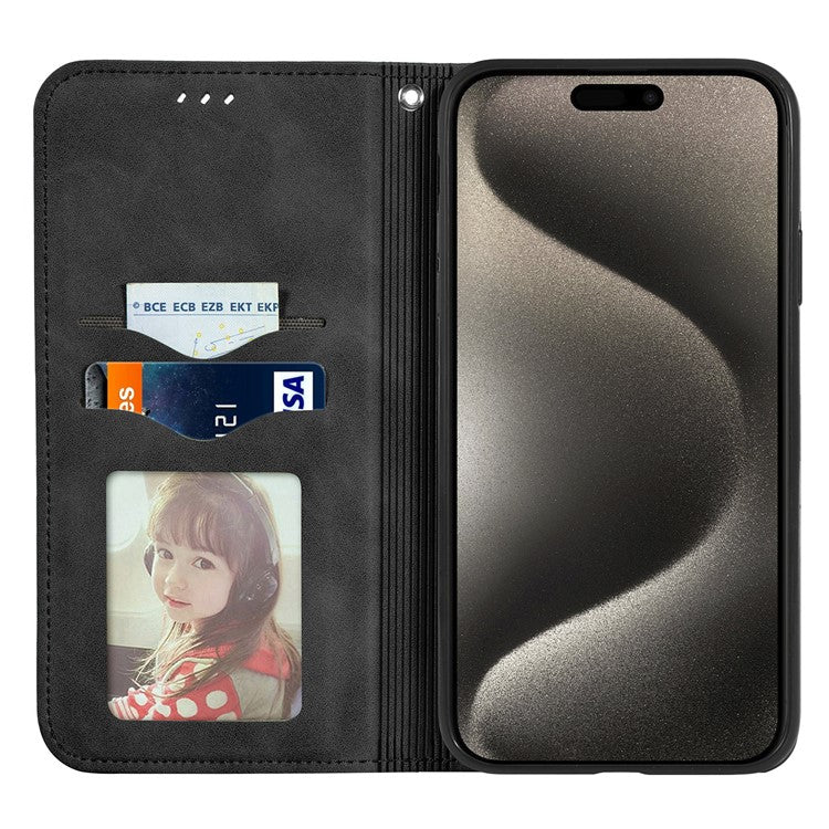 For iPhone 16 Pro Case Skin Touch Feeling Leather Card Holder Phone Cover Magnetic Absorption - Black