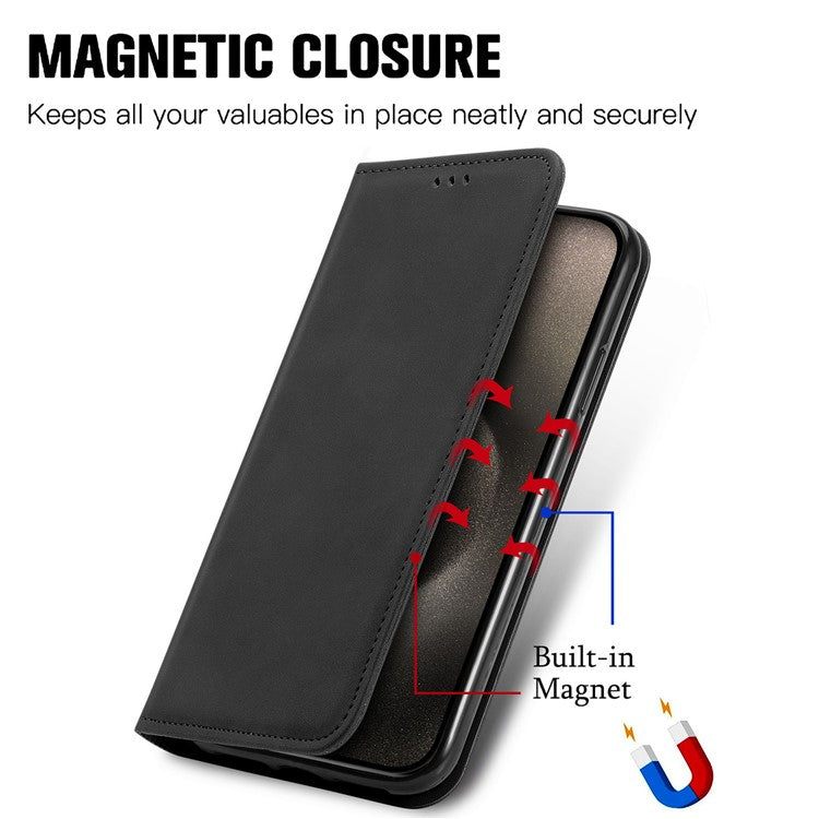 For iPhone 16 Pro Case Skin Touch Feeling Leather Card Holder Phone Cover Magnetic Absorption - Black