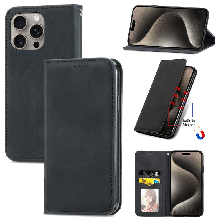 For iPhone 16 Pro Case Skin Touch Feeling Leather Card Holder Phone Cover Magnetic Absorption - Black