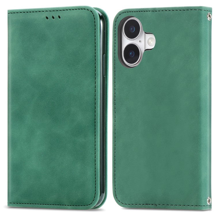 For iPhone 16 Case Skin Touch Feeling Leather Phone Cover Magnetic Absorption - Green