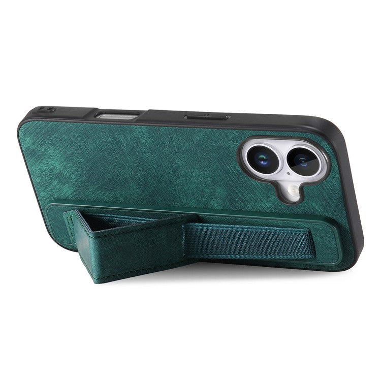 D11 For iPhone 16 Plus Case Wristband Leather + TPU Phone Cover - Green
