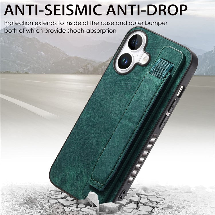 D11 For iPhone 16 Plus Case Wristband Leather + TPU Phone Cover - Green