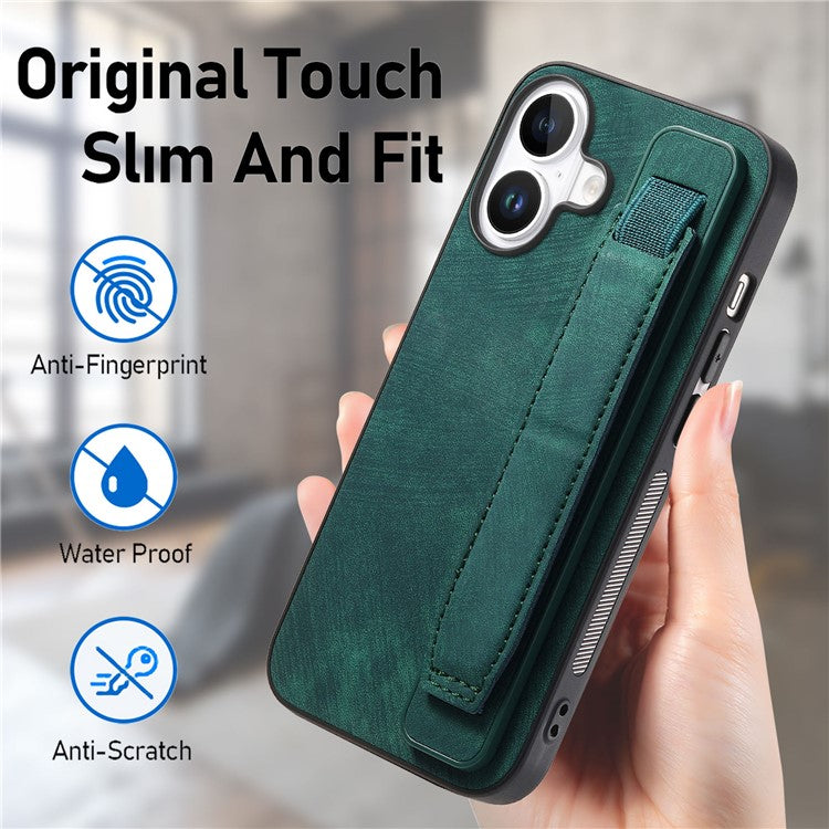 D11 For iPhone 16 Plus Case Wristband Leather + TPU Phone Cover - Green