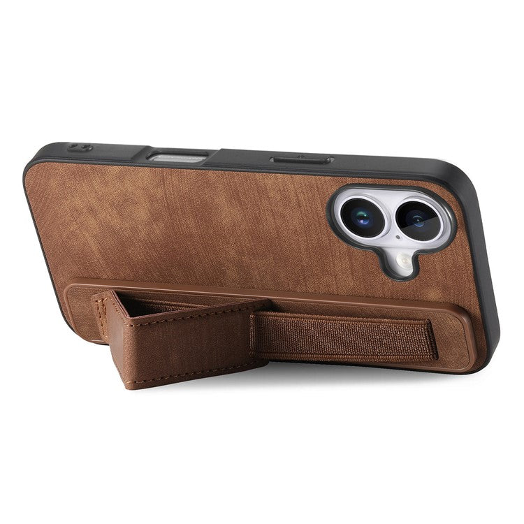 D11 For iPhone 16 Plus Case Wristband Leather + TPU Phone Cover - Brown