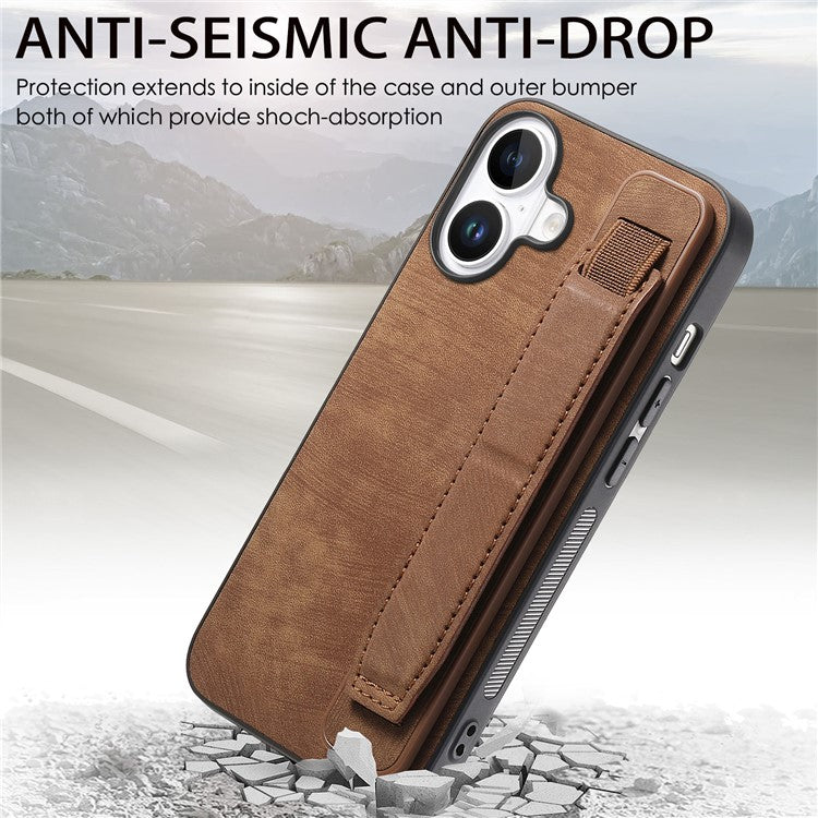 D11 For iPhone 16 Plus Case Wristband Leather + TPU Phone Cover - Brown