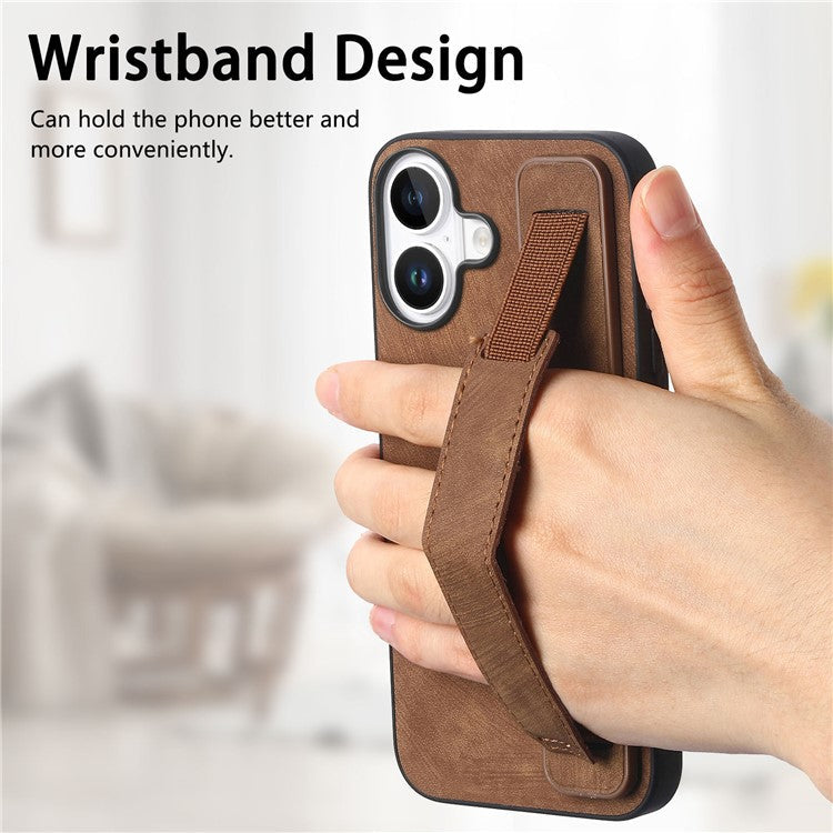 D11 For iPhone 16 Plus Case Wristband Leather + TPU Phone Cover - Brown