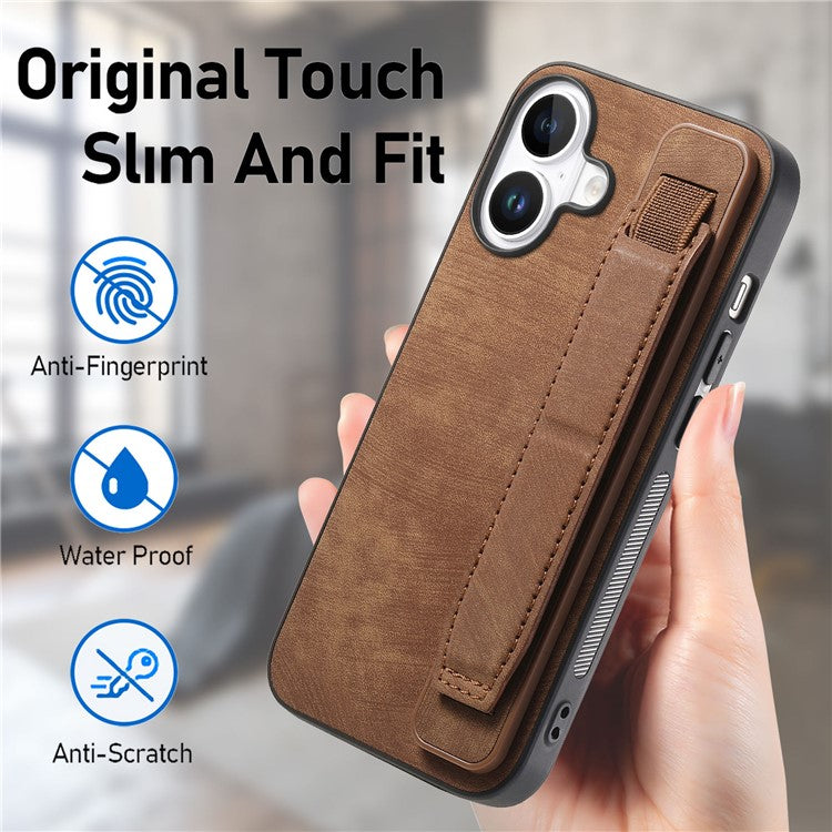 D11 For iPhone 16 Plus Case Wristband Leather + TPU Phone Cover - Brown
