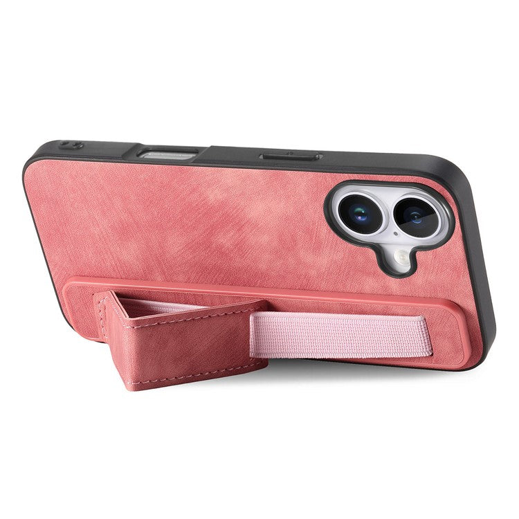 D11 For iPhone 16 Case Wristband Leather + TPU Phone Cover - Pink