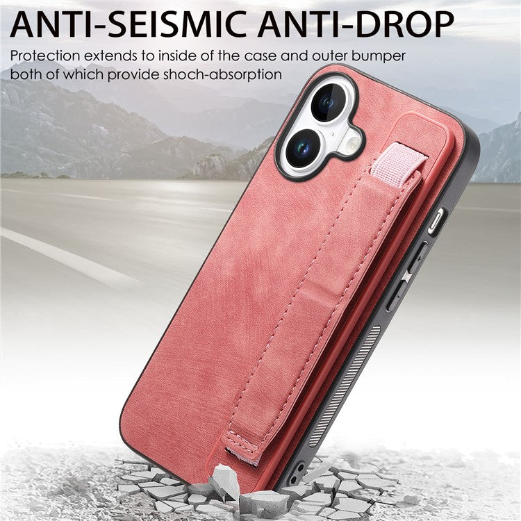 D11 For iPhone 16 Case Wristband Leather + TPU Phone Cover - Pink
