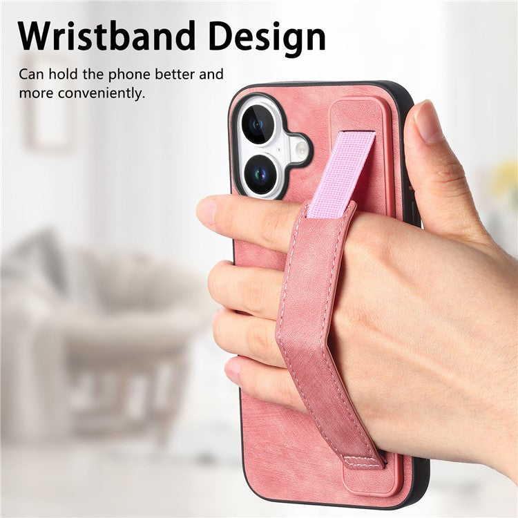 D11 For iPhone 16 Case Wristband Leather + TPU Phone Cover - Pink