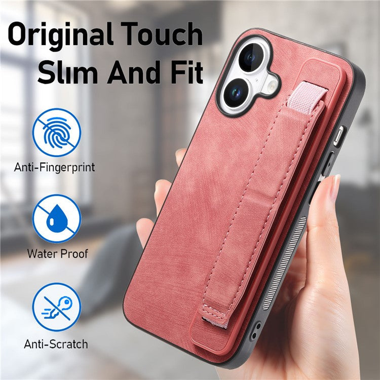 D11 For iPhone 16 Case Wristband Leather + TPU Phone Cover - Pink