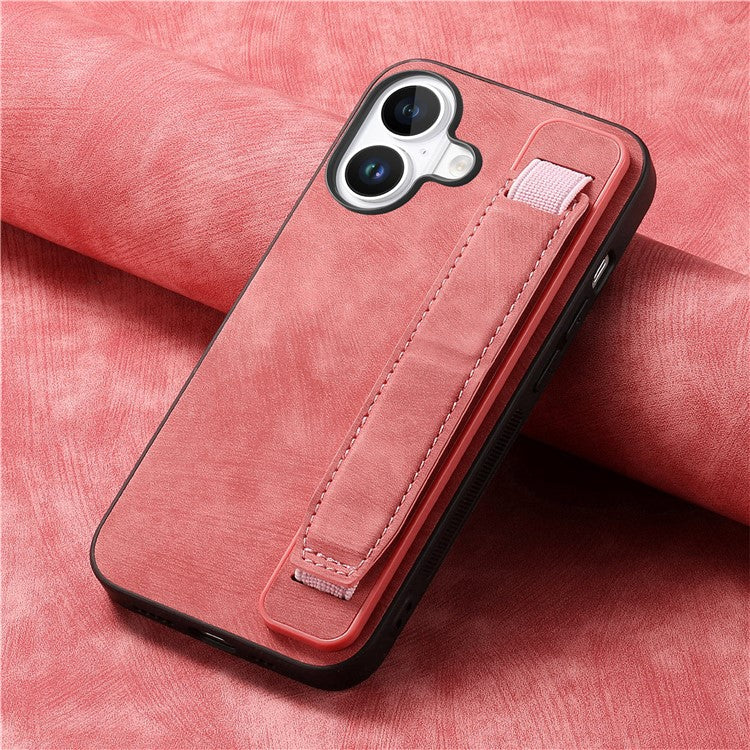 D11 For iPhone 16 Case Wristband Leather + TPU Phone Cover - Pink