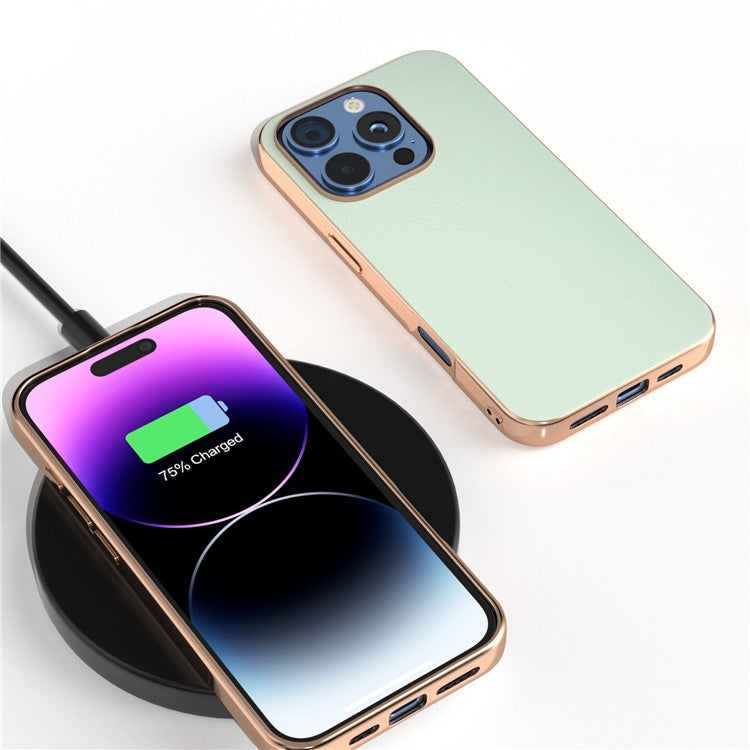 For iPhone 16 Pro Case Electroplating Edge PU Leather Coated TPU+PC Phone Cover - Light Green