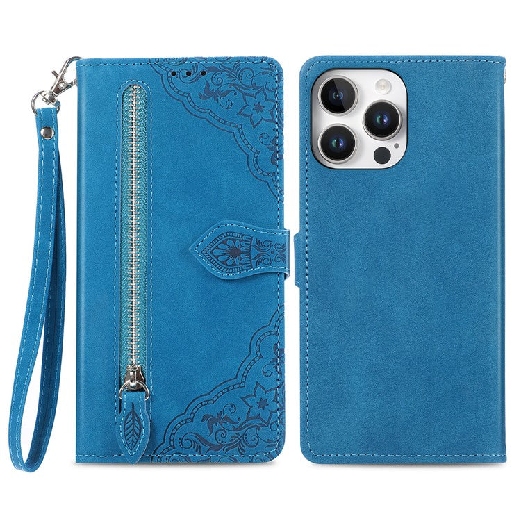 For iPhone 16 Pro Case Zipper Wallet PU Leather Flower Imprint Phone Cover - Blue