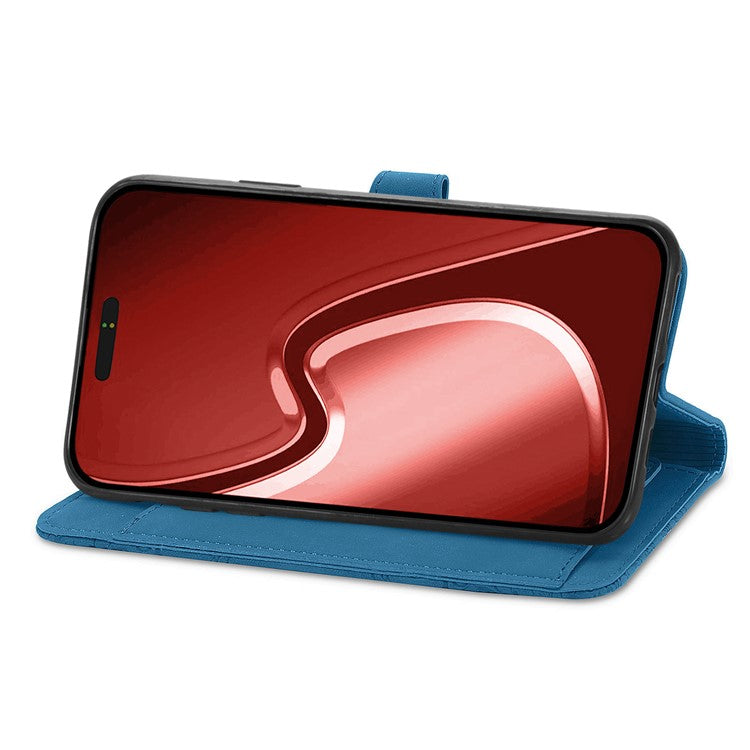 For iPhone 16 Pro Case Zipper Wallet PU Leather Flower Imprint Phone Cover - Blue