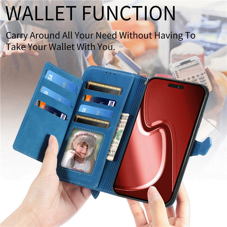 For iPhone 16 Pro Case Zipper Wallet PU Leather Flower Imprint Phone Cover - Blue