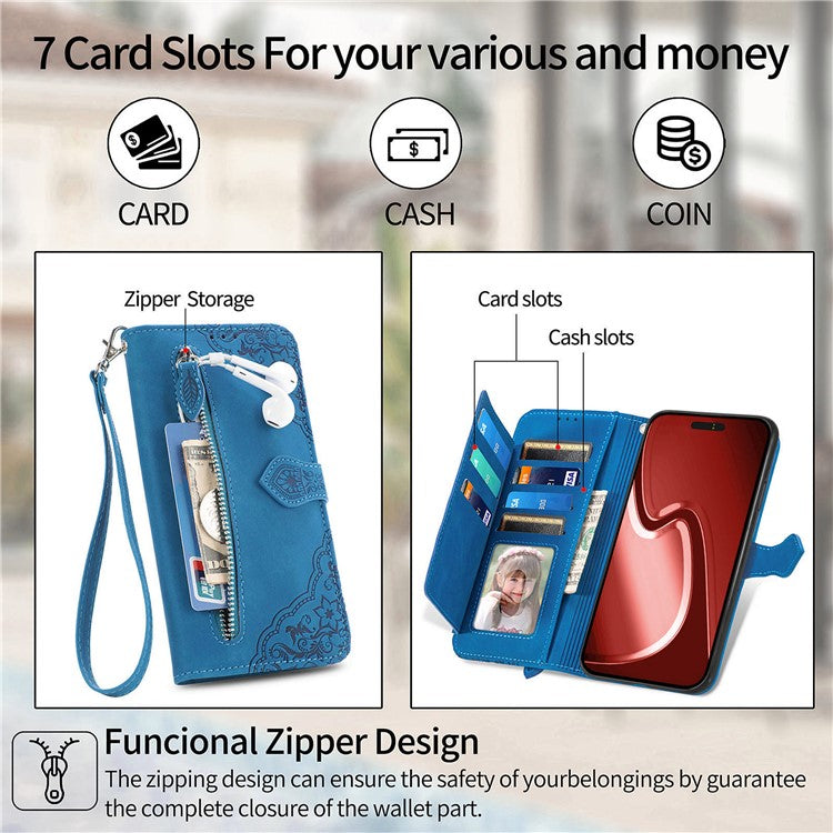 For iPhone 16 Pro Case Zipper Wallet PU Leather Flower Imprint Phone Cover - Blue