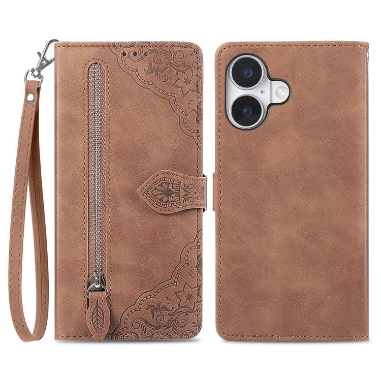 For iPhone 16 Case Zipper Wallet PU Leather Flower Imprint Phone Cover - Brown