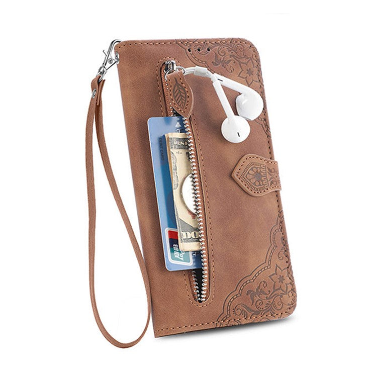 For iPhone 16 Case Zipper Wallet PU Leather Flower Imprint Phone Cover - Brown
