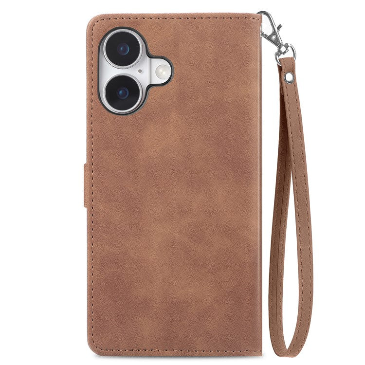 For iPhone 16 Case Zipper Wallet PU Leather Flower Imprint Phone Cover - Brown