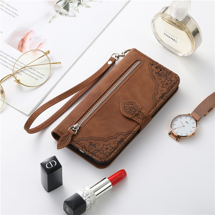 For iPhone 16 Case Zipper Wallet PU Leather Flower Imprint Phone Cover - Brown