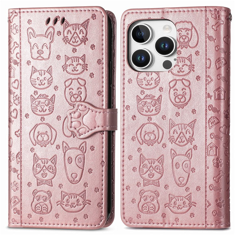 For iPhone 16 Pro Case Leather Wallet Flip Phone Cover Cute Cat Dog Pattern - Rose Gold