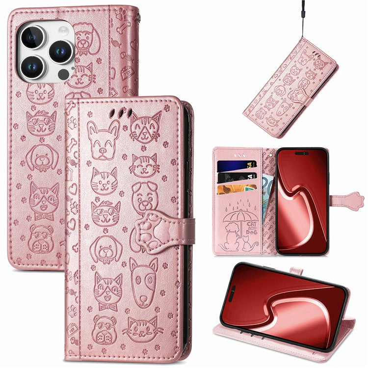 For iPhone 16 Pro Case Leather Wallet Flip Phone Cover Cute Cat Dog Pattern - Rose Gold