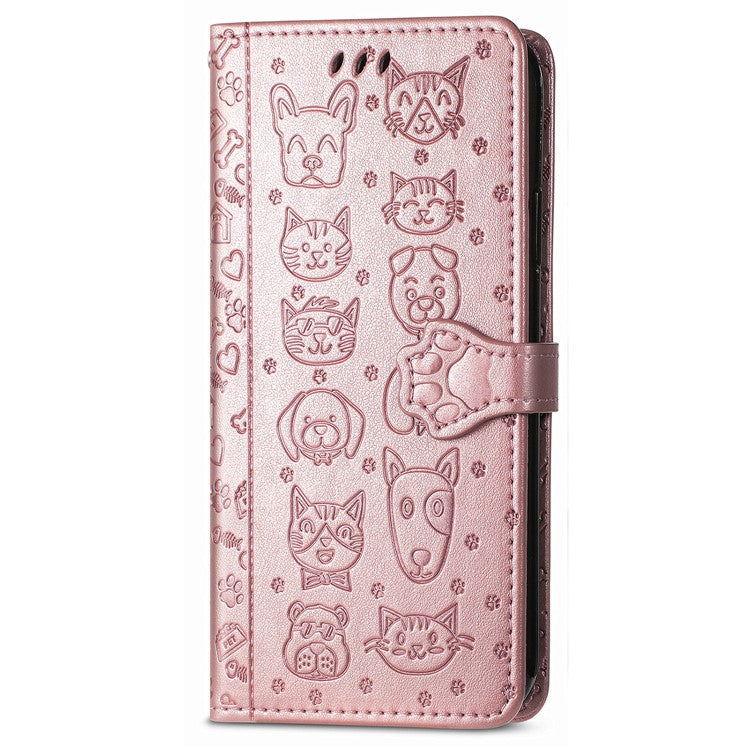For iPhone 16 Pro Case Leather Wallet Flip Phone Cover Cute Cat Dog Pattern - Rose Gold