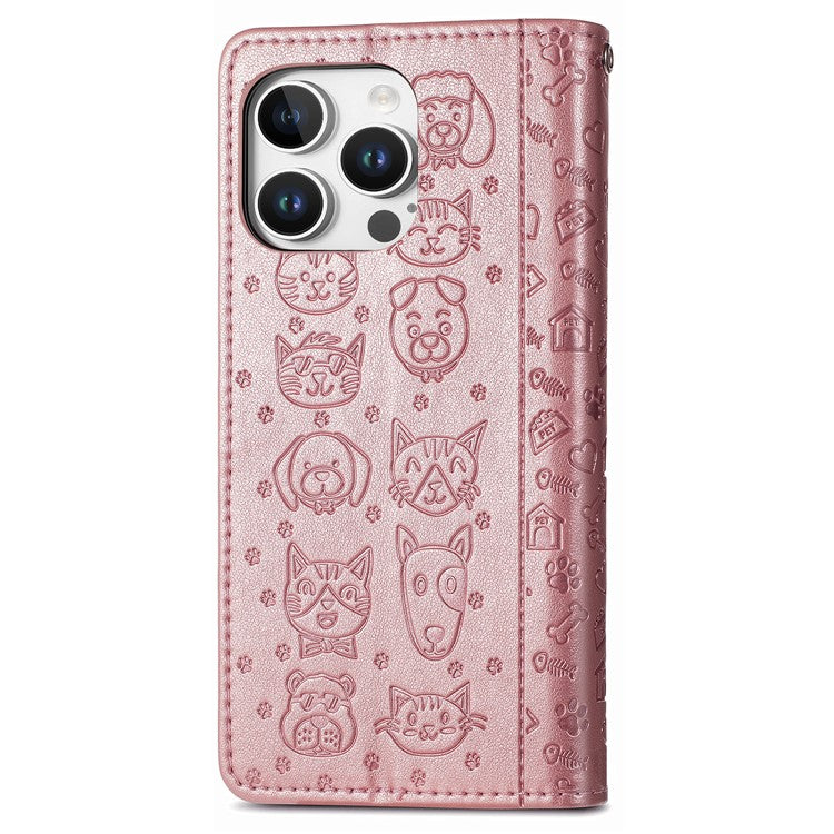 For iPhone 16 Pro Case Leather Wallet Flip Phone Cover Cute Cat Dog Pattern - Rose Gold