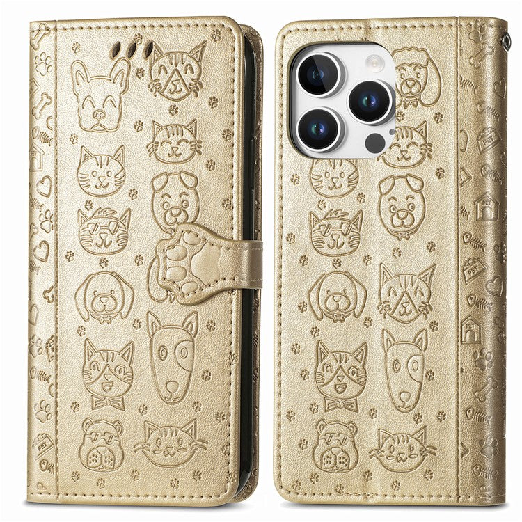 For iPhone 16 Pro Case Leather Wallet Flip Phone Cover Cute Cat Dog Pattern - Gold