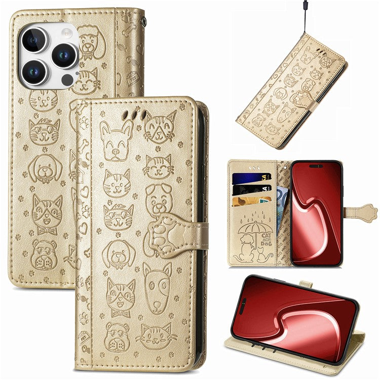 For iPhone 16 Pro Case Leather Wallet Flip Phone Cover Cute Cat Dog Pattern - Gold
