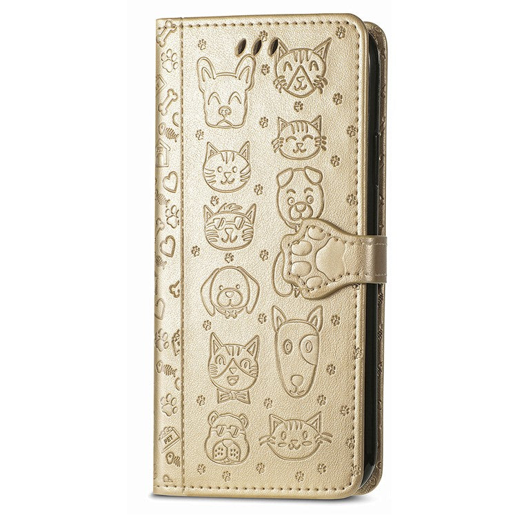 For iPhone 16 Pro Case Leather Wallet Flip Phone Cover Cute Cat Dog Pattern - Gold