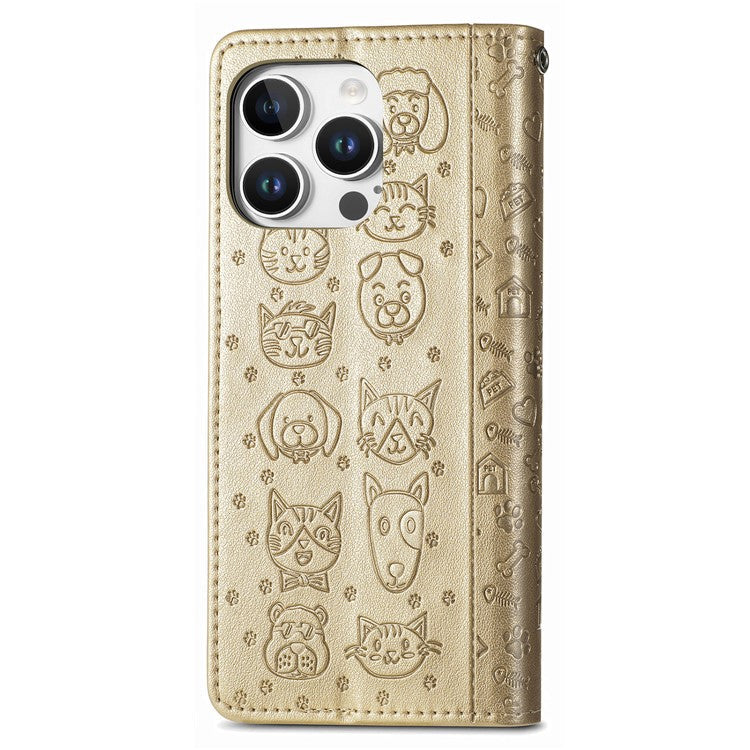 For iPhone 16 Pro Case Leather Wallet Flip Phone Cover Cute Cat Dog Pattern - Gold