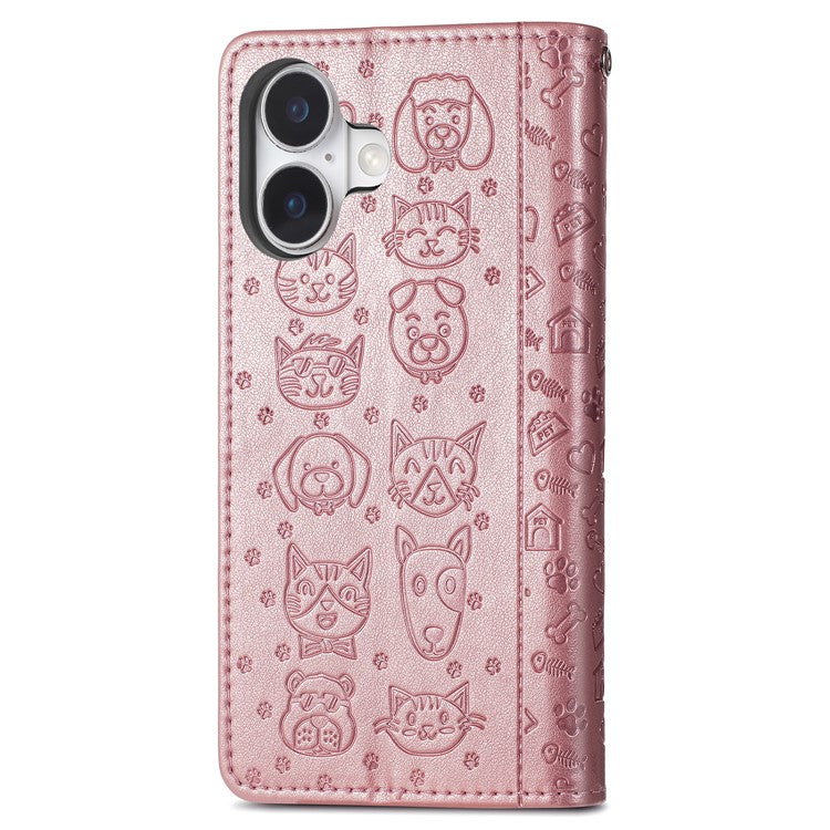 For iPhone 16 Case Leather Wallet Flip Phone Cover Cute Cat Dog Pattern - Rose Gold