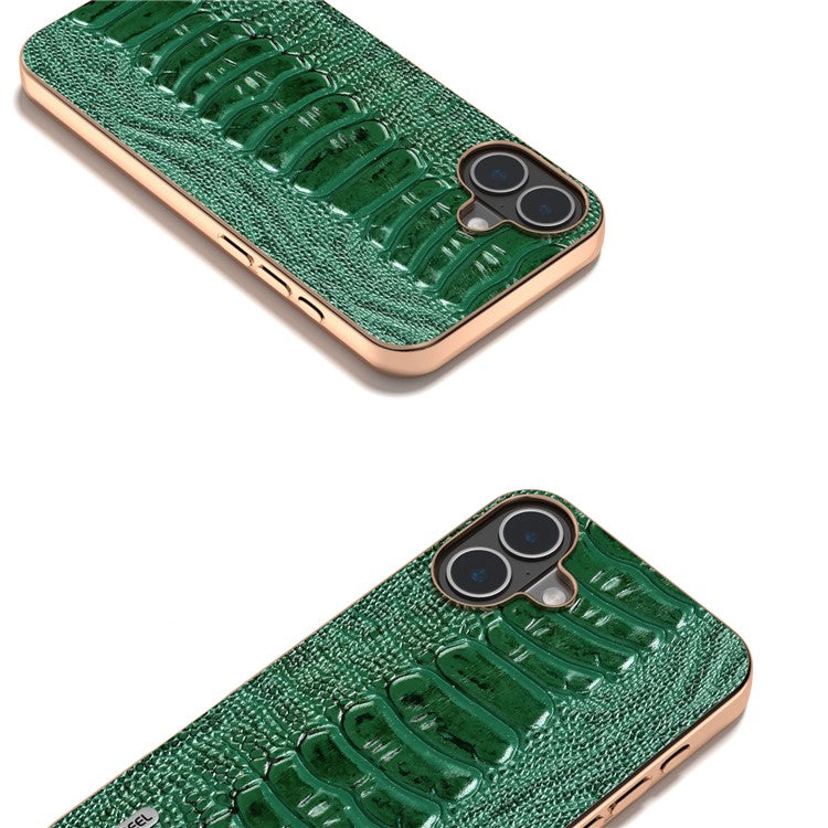 ABEEL For iPhone 16 Case Electroplating Edge Crocodile Texture Genuine Cow Leather+TPU+PC Phone Cover - Green