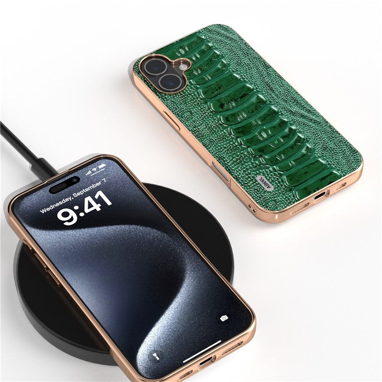 ABEEL For iPhone 16 Case Electroplating Edge Crocodile Texture Genuine Cow Leather+TPU+PC Phone Cover - Green