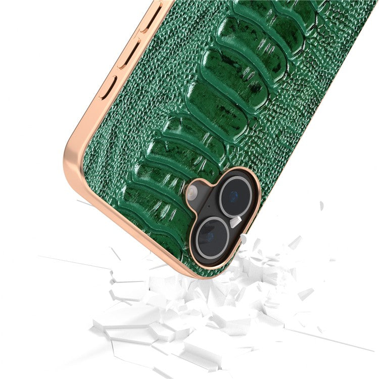 ABEEL For iPhone 16 Case Electroplating Edge Crocodile Texture Genuine Cow Leather+TPU+PC Phone Cover - Green