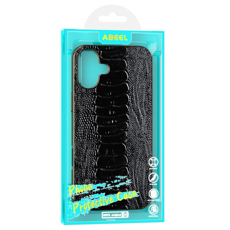 ABEEL For iPhone 16 Case Electroplating Edge Crocodile Texture Genuine Cow Leather+TPU+PC Phone Cover - Green