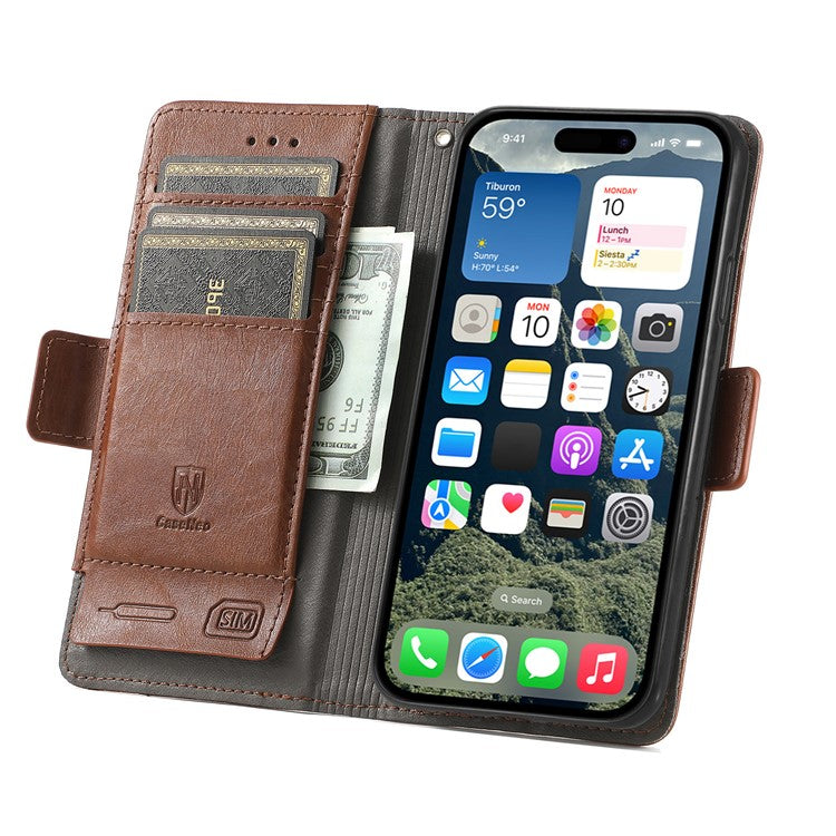 CASENEO 002 Series For iPhone 16 Case Stand Wallet Splicing PU Leather Cover - Dark Brown