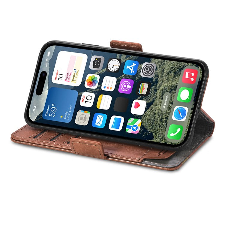 CASENEO 002 Series For iPhone 16 Case Stand Wallet Splicing PU Leather Cover - Dark Brown