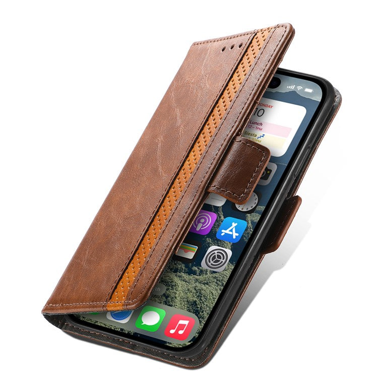 CASENEO 002 Series For iPhone 16 Case Stand Wallet Splicing PU Leather Cover - Dark Brown