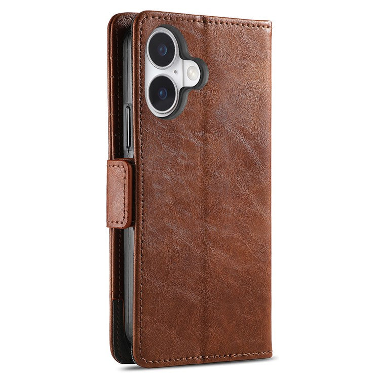 CASENEO 002 Series For iPhone 16 Case Stand Wallet Splicing PU Leather Cover - Dark Brown