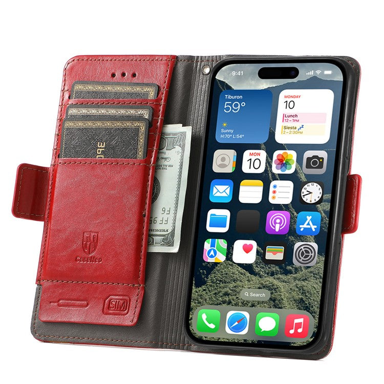 CASENEO 002 Series For iPhone 16 Case Stand Wallet Splicing PU Leather Cover - Red