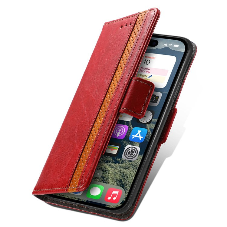 CASENEO 002 Series For iPhone 16 Case Stand Wallet Splicing PU Leather Cover - Red