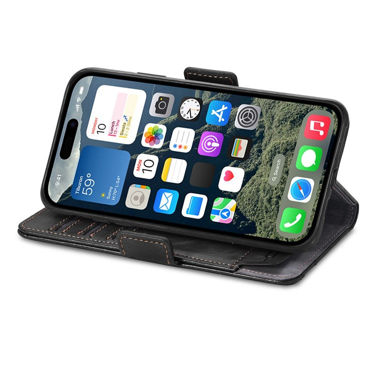 CASENEO 002 Series For iPhone 16 Plus Case Stand Wallet Splicing PU Leather Cover - Black