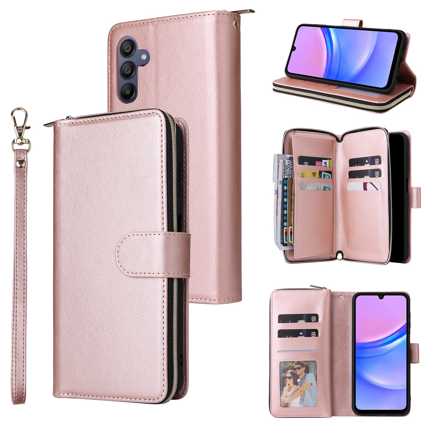 For Samsung Galaxy A16 5G / A16 4G Case Zipper Pocket PU Leather Phone Cover with Hand Strap - Rose Gold