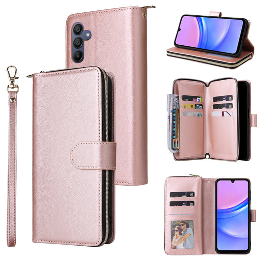 For Samsung Galaxy A16 5G / A16 4G Case Zipper Pocket PU Leather Phone Cover with Hand Strap - Rose Gold
