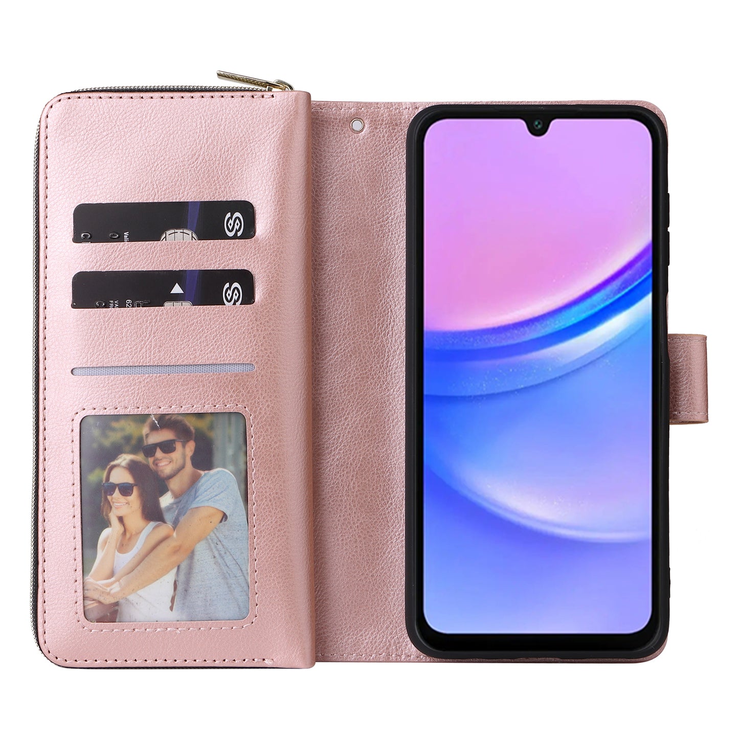 For Samsung Galaxy A16 5G / A16 4G Case Zipper Pocket PU Leather Phone Cover with Hand Strap - Rose Gold