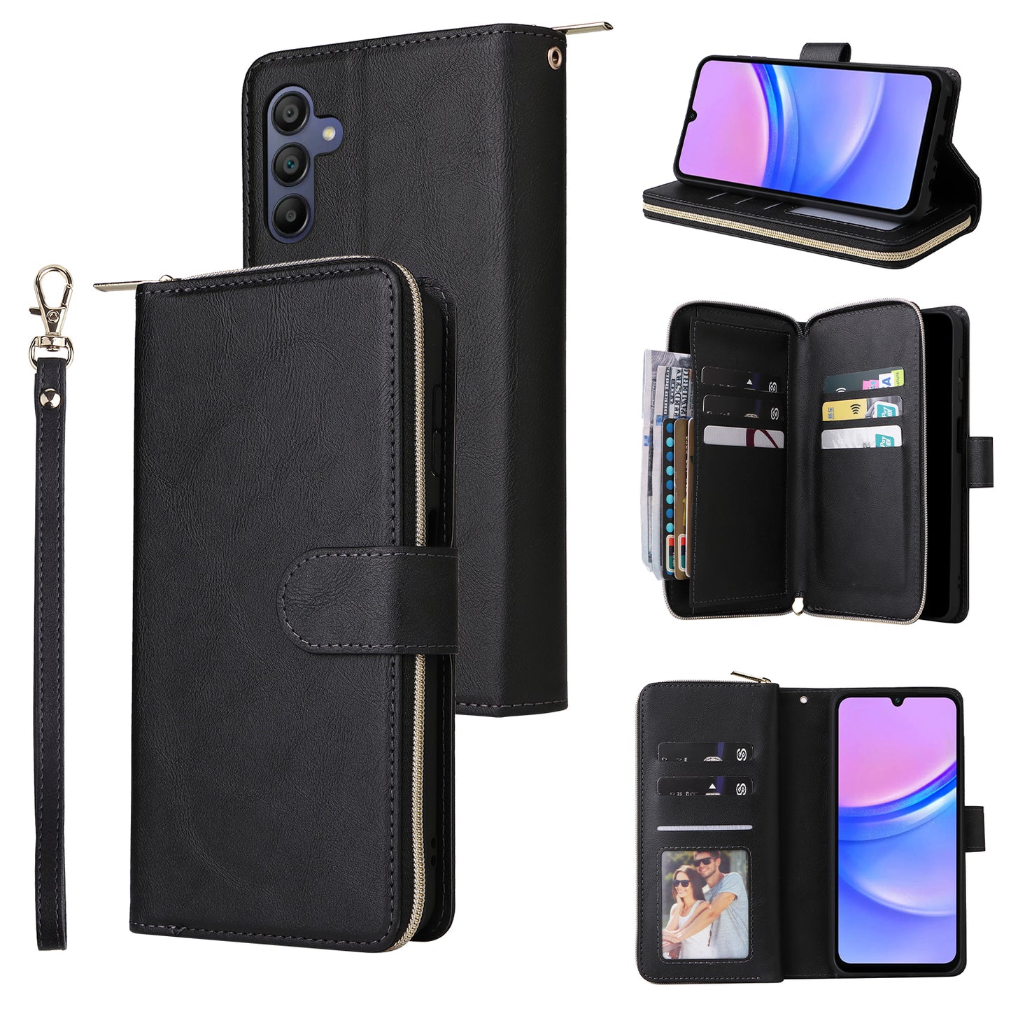 For Samsung Galaxy A16 5G / A16 4G Case Zipper Pocket PU Leather Phone Cover with Hand Strap - Black