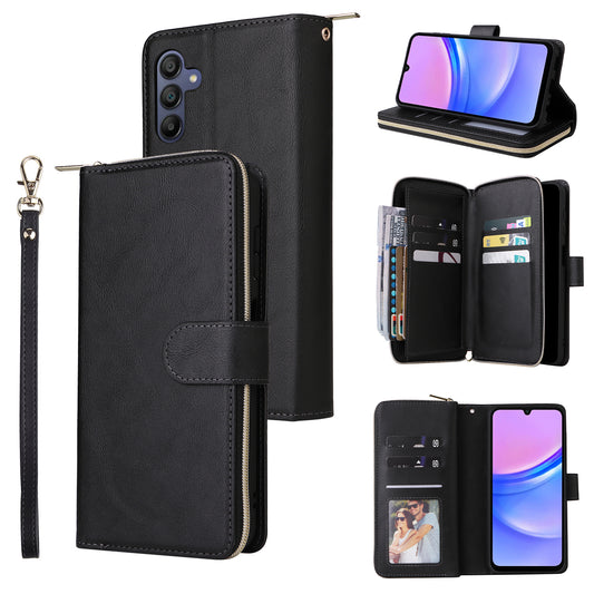 For Samsung Galaxy A16 5G / A16 4G Case Zipper Pocket PU Leather Phone Cover with Hand Strap - Black